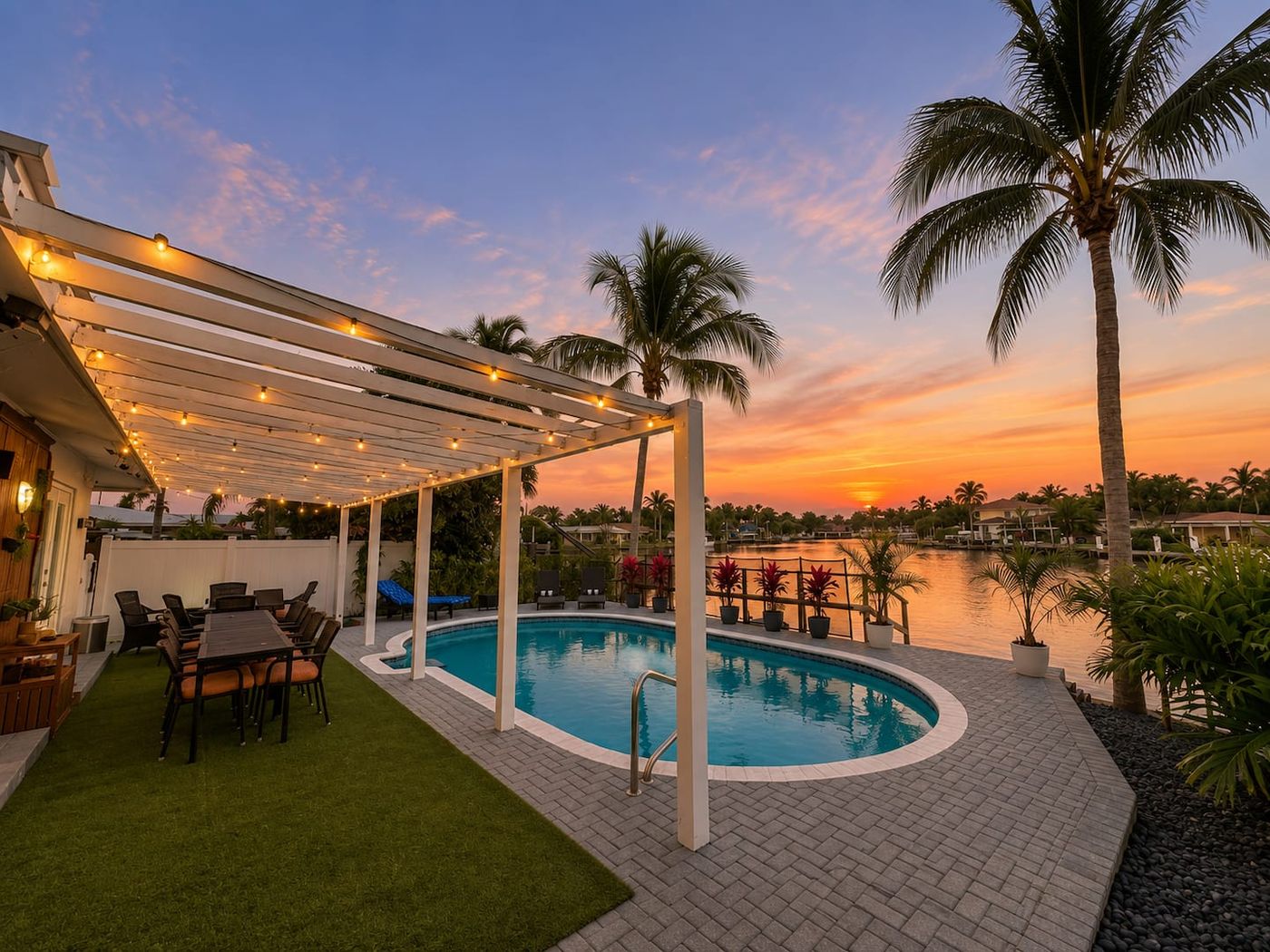 Pergola and heated pool at sunset beside the canal